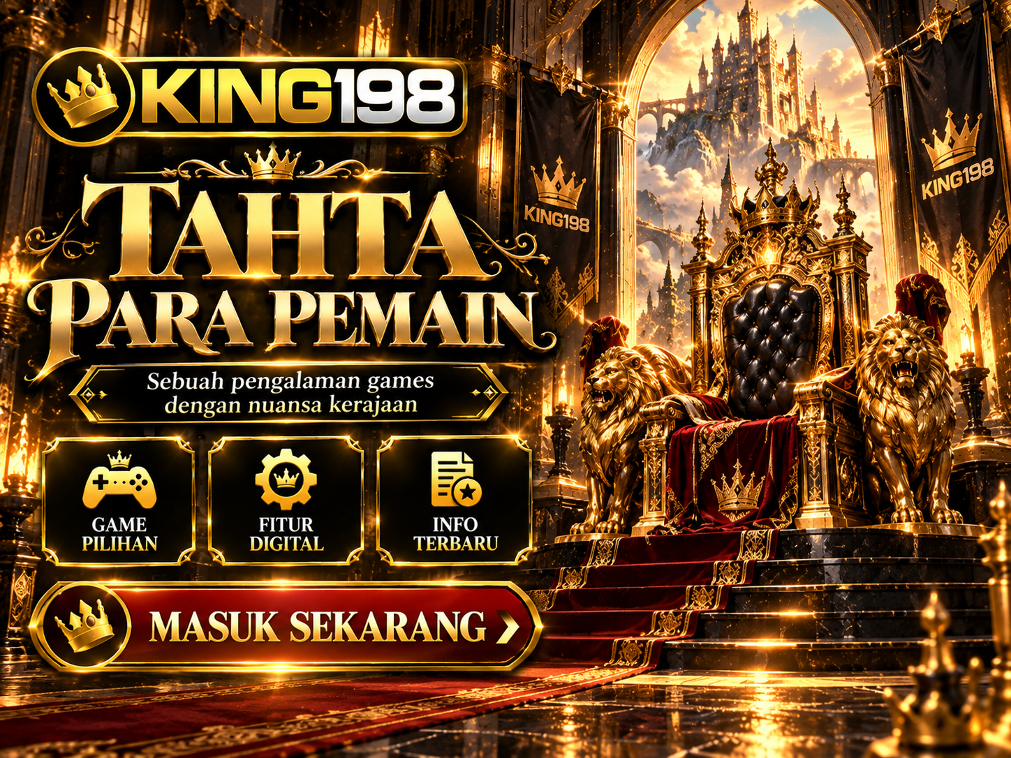 Banner KING198 sinematik dengan singgasana kerajaan emas dan sorotan cahaya dramatis.